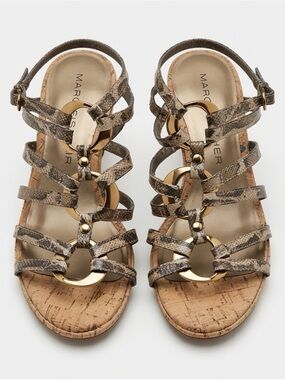 Marc Fisher Snake Skin Faux Leather Strappy Wedge Sandals Women US 8 Gold Rings